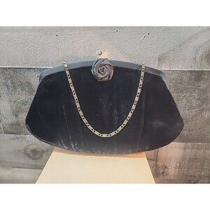 H L USA Black Velvet Clutch Rose Clasp Delicate Gold Chain Vintage Evening Wear